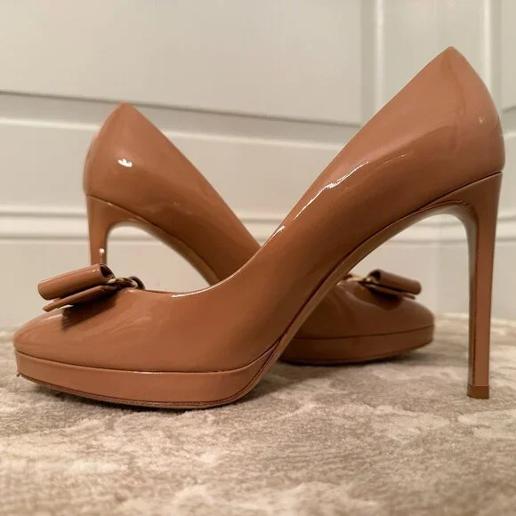 Indulge in Salvatore Ferragamo Patent Leather Bow Stiletto Heels, New Blush, 8B - Picture 6 of 15